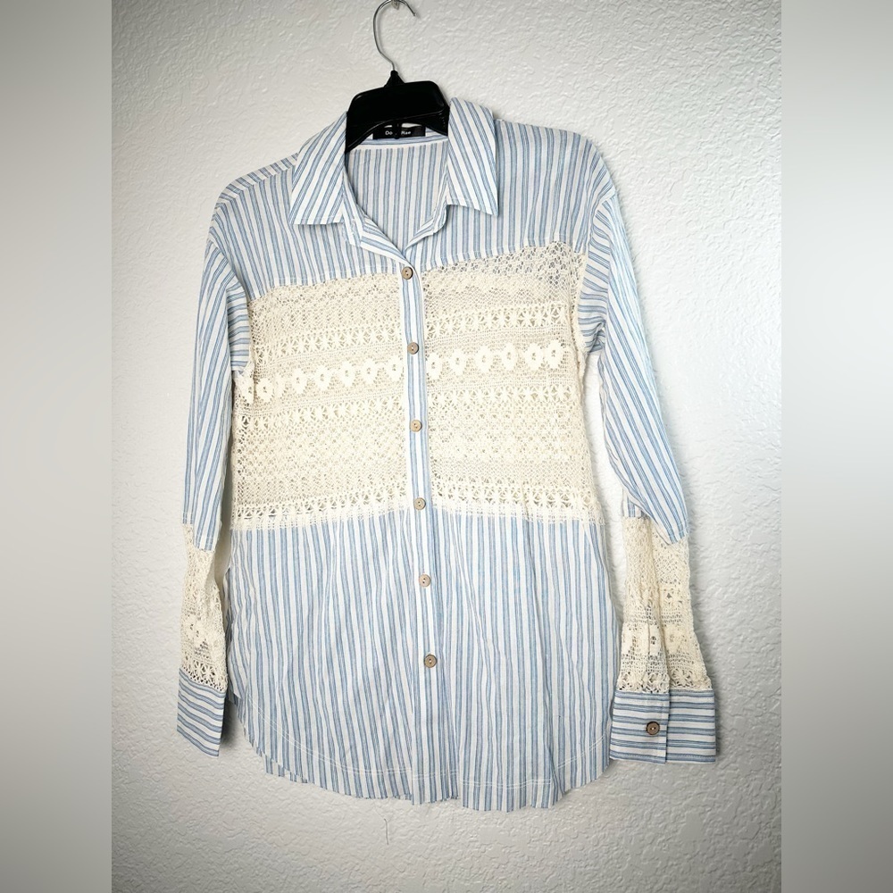 Doe & Rae Blue Striped and Lace Button Down Shirt